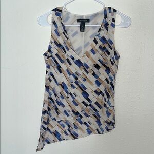 White House Black Market Silk Geometric Blue and Tan Blouse
